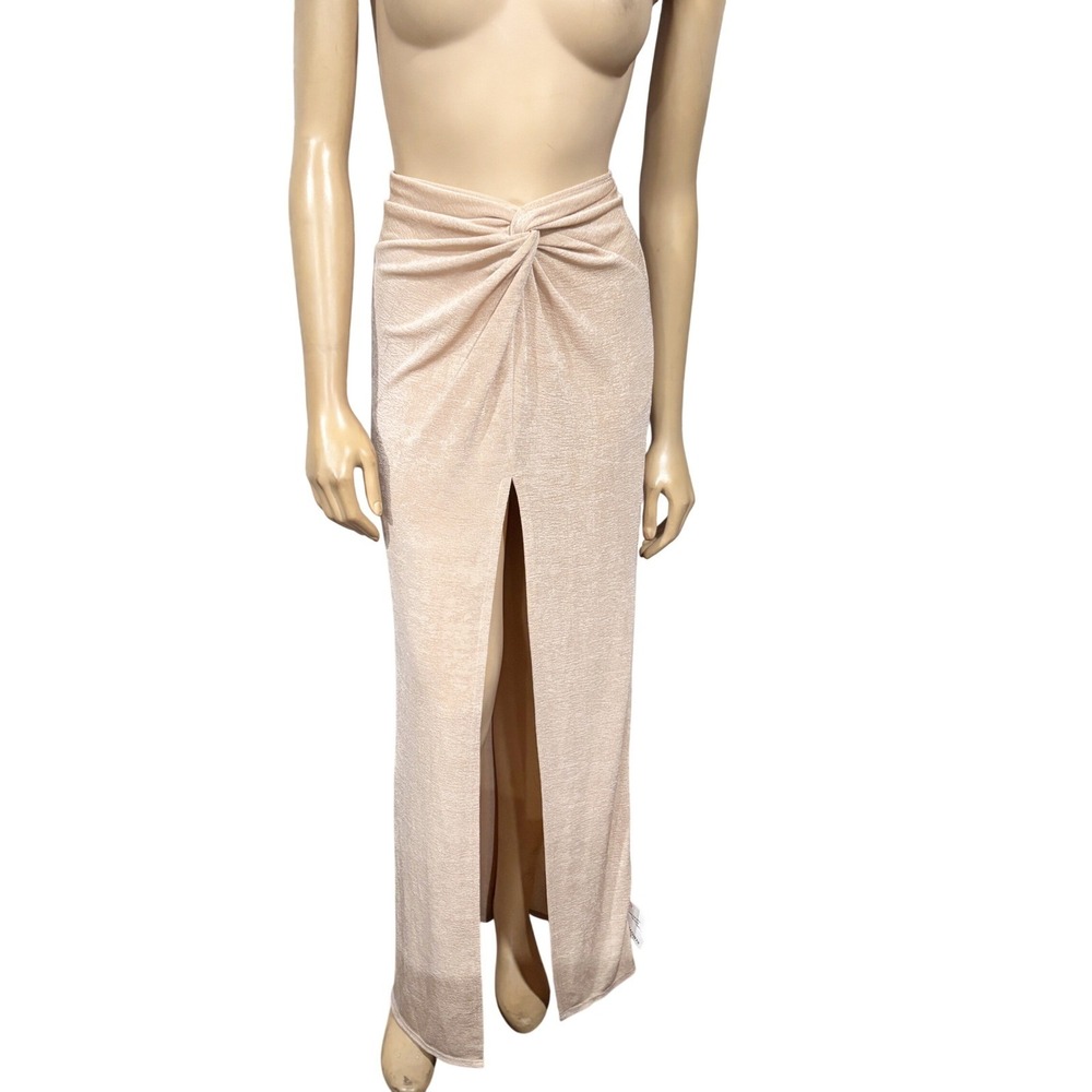 Topshop Beige Sparkle Knot Front High Slit Maxi Skirt Slinky Stretch NWT 12
